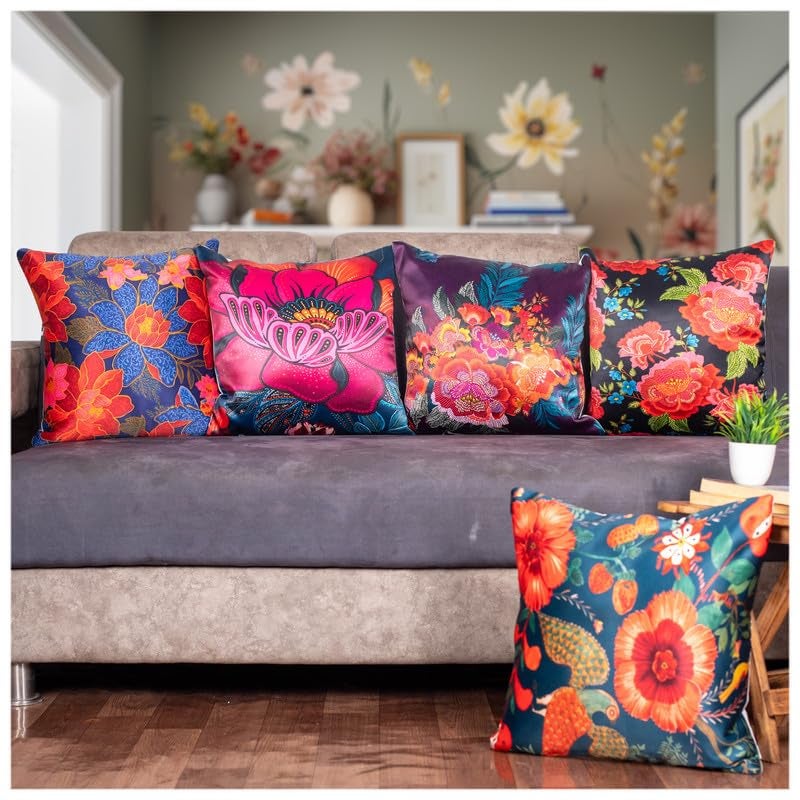 Vendola Decorative Satin Sofa Cushion Covers Set of 5, 24 Inch x 24 Inch, Sofa Pillow Cover, Black, Red and Multicolor, Floral Design, Zipper Closure (Kalina, 24X24 Inches) - Image 1