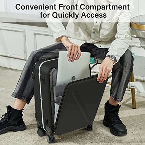 MILADA Wide Handle Carry On Luggage with Front Pocket Hardshell 20 Inch Front Opening Luggage with Spinner Wheels TSA Lock Aluminium Suitcase Airline Approved Carry-On Travel Luggage, Black - Image 2