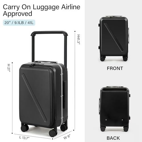MILADA Wide Handle Carry On Luggage with Front Pocket Hardshell 20 Inch Front Opening Luggage with Spinner Wheels TSA Lock Aluminium Suitcase Airline Approved Carry-On Travel Luggage, Black - Image 3
