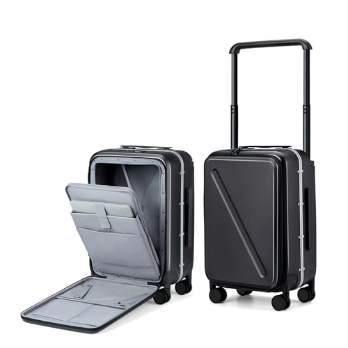 MILADA Wide Handle Carry On Luggage with Front Pocket Hardshell 20 Inch Front Opening Luggage with Spinner Wheels TSA Lock Aluminium Suitcase Airline Approved Carry-On Travel Luggage, Black - Image 1