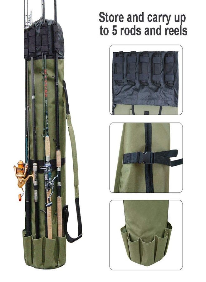 Allnice Durable Canvas Fishing Rod & Reel Organizer Bag Travel Carry Case Bag- Holds 5 Poles & Tackle (Khaki Green) - Image 3
