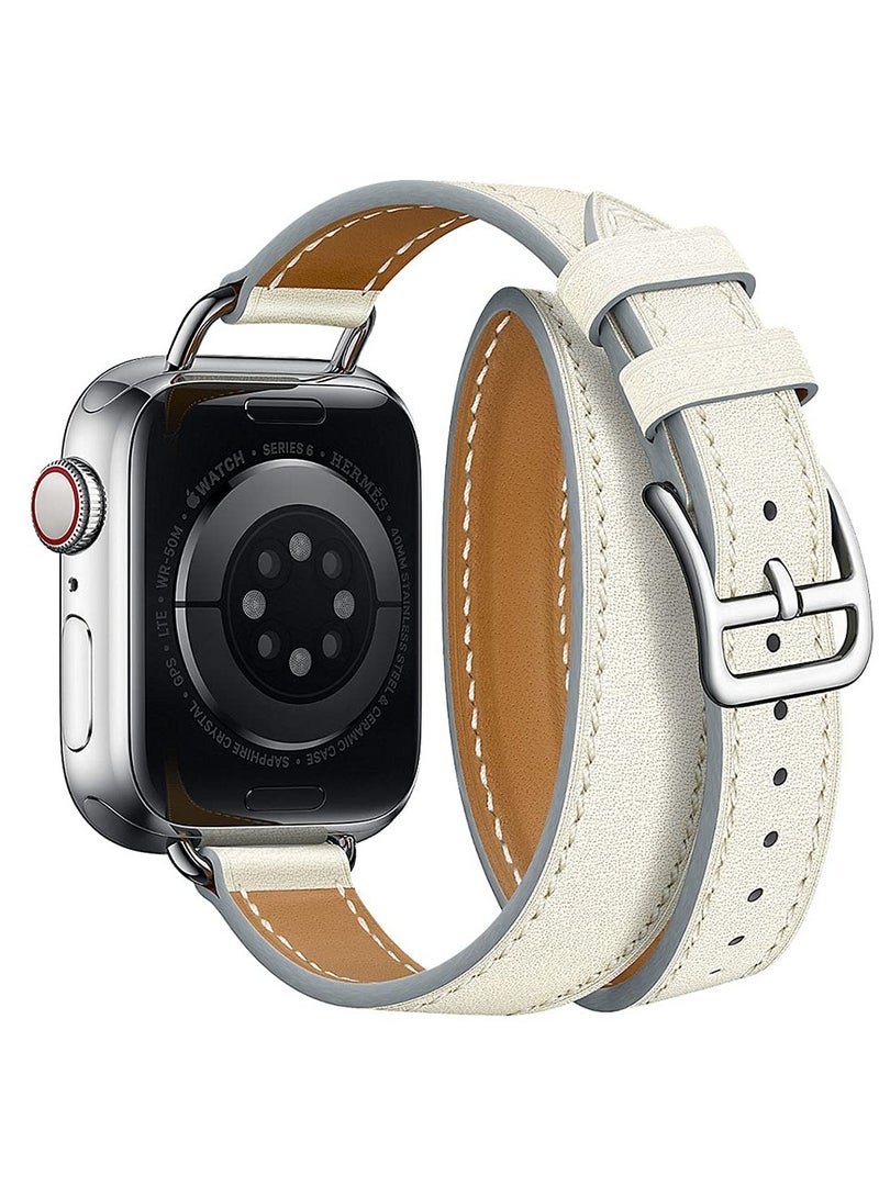 Excefore سوار جلدي نسائي رفيع مزدوج الجولة، متوافق مع سوار ساعة Apple Watch مقاس 38/40/41 مم 42/44/45 مم لسلسلة iWatch SE 7/6/5/4/3، أبيض - Image 3