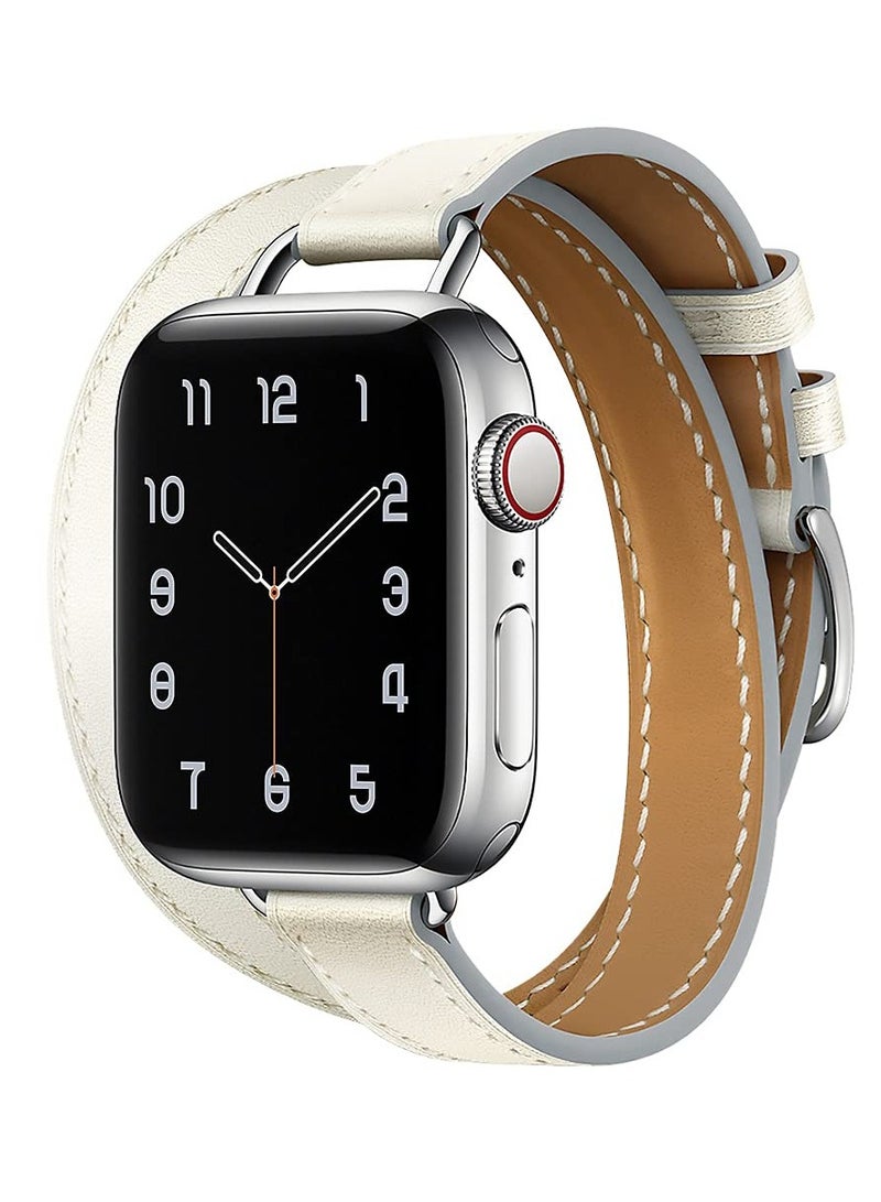 Excefore سوار جلدي نسائي رفيع مزدوج الجولة، متوافق مع سوار ساعة Apple Watch مقاس 38/40/41 مم 42/44/45 مم لسلسلة iWatch SE 7/6/5/4/3، أبيض - Image 2
