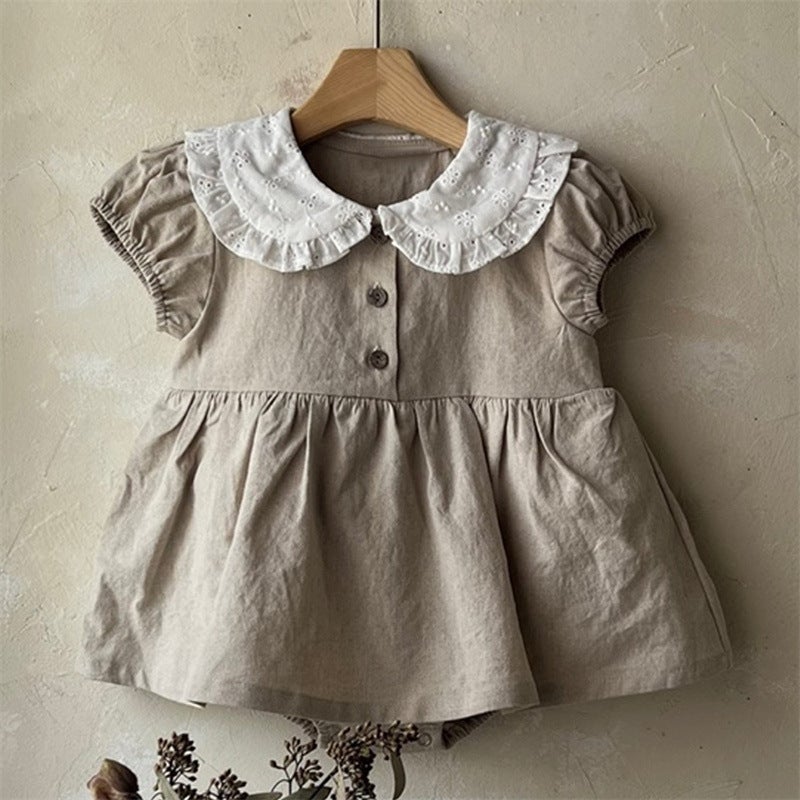 ins Childrens Summer New Dress Baby Girl Korean Style Cute Sweet Color Collar Puff Sleeve Pant Skirt Apricot.