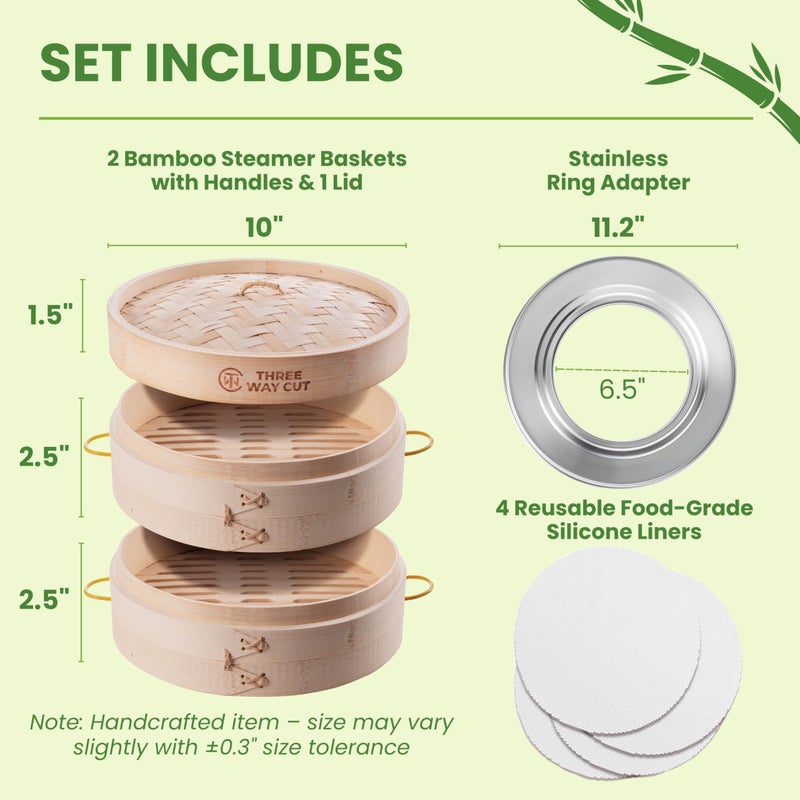 THREE WAY CUT Bamboo Steamer 10 Inch 2 Tier Wooden Basket With Handle, Ring Adapter, Reusable Silicone Liner, Kit For Cooking Dumpling Baby Bao Bun, Dim Sum, Rice Potsticker Steaming Chinese Asian Food & Vegetables - Image 2