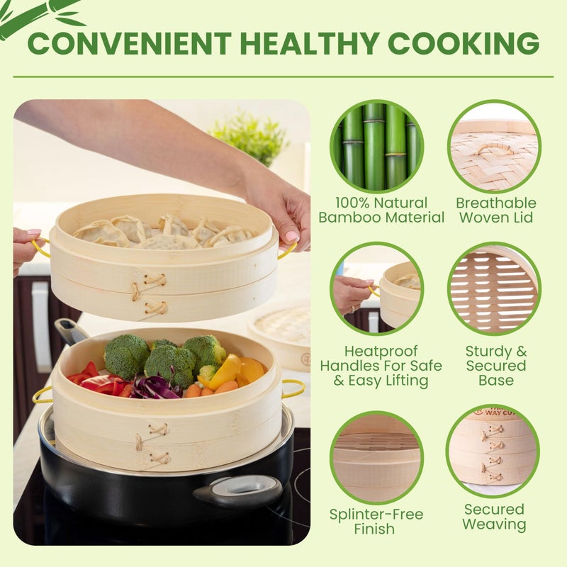 THREE WAY CUT Bamboo Steamer 10 Inch 2 Tier Wooden Basket With Handle, Ring Adapter, Reusable Silicone Liner, Kit For Cooking Dumpling Baby Bao Bun, Dim Sum, Rice Potsticker Steaming Chinese Asian Food & Vegetables - Image 3