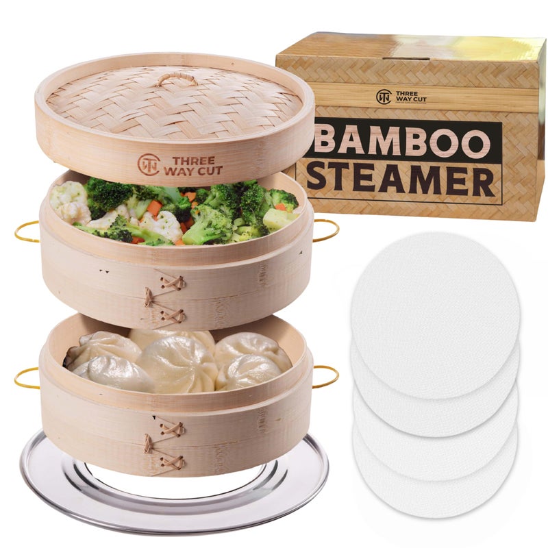 THREE WAY CUT Bamboo Steamer 10 Inch 2 Tier Wooden Basket With Handle, Ring Adapter, Reusable Silicone Liner, Kit For Cooking Dumpling Baby Bao Bun, Dim Sum, Rice Potsticker Steaming Chinese Asian Food & Vegetables - Image 1