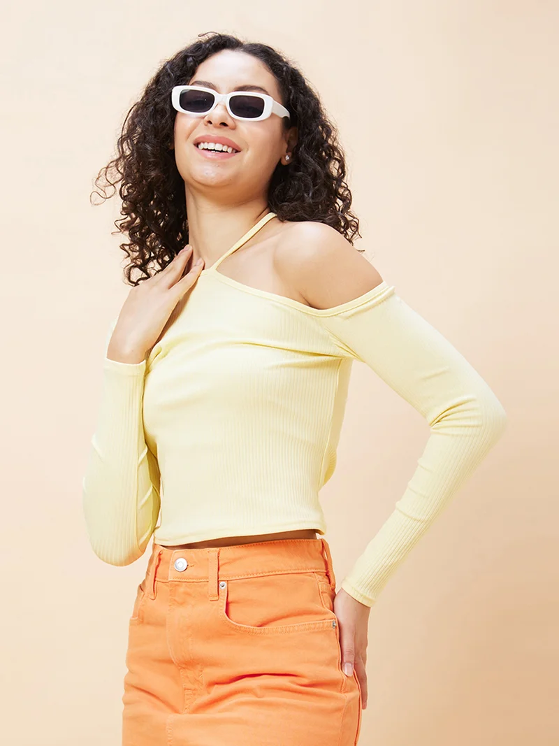 globus Women One Shoulder Pure Cotton Crop Top
