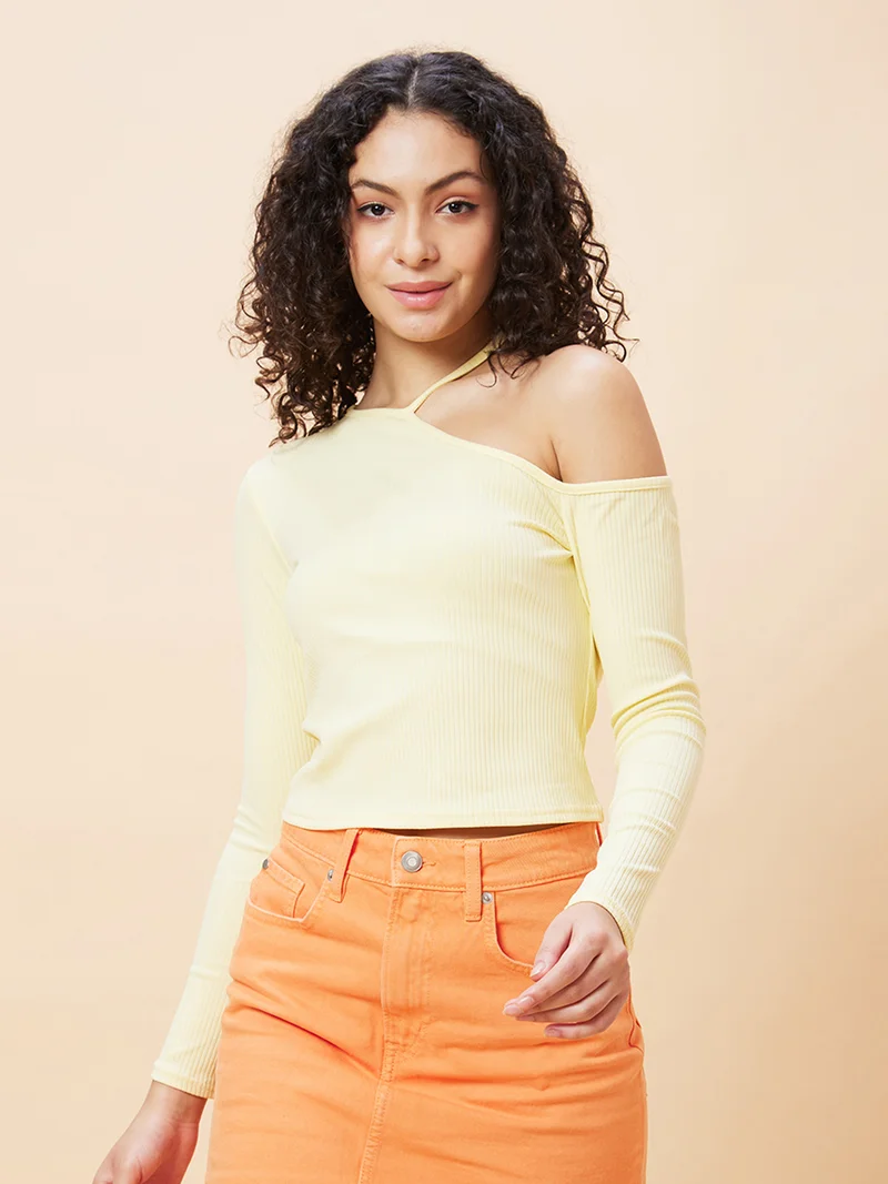 globus Women One Shoulder Pure Cotton Crop Top