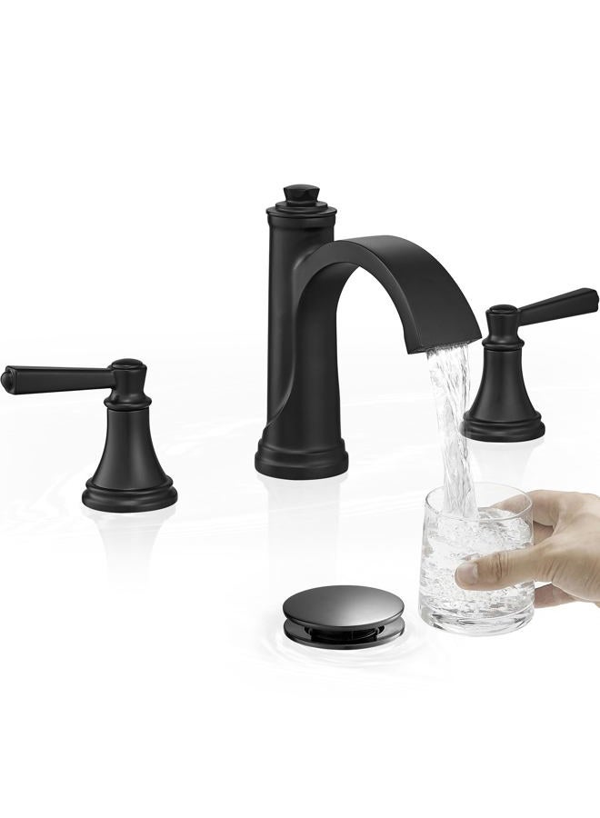 HEYMYTAP Matte Black Bathroom Faucet 3 Hole, Brass Bathroom Waterfall Faucet, 4-16 Inch Bathroom Sink Faucets, 2 Handle Widespread Faucet for Bathroom Sink with Water Supply Hoses, Pop-Up Drain - Image 1