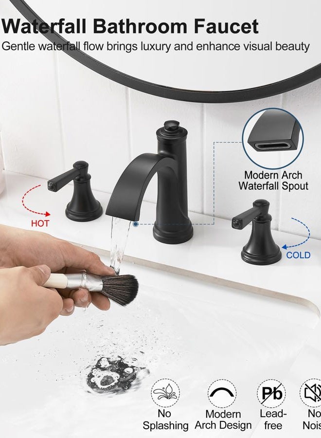 HEYMYTAP Matte Black Bathroom Faucet 3 Hole, Brass Bathroom Waterfall Faucet, 4-16 Inch Bathroom Sink Faucets, 2 Handle Widespread Faucet for Bathroom Sink with Water Supply Hoses, Pop-Up Drain - Image 2