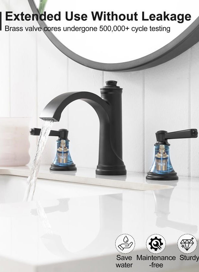 HEYMYTAP Matte Black Bathroom Faucet 3 Hole, Brass Bathroom Waterfall Faucet, 4-16 Inch Bathroom Sink Faucets, 2 Handle Widespread Faucet for Bathroom Sink with Water Supply Hoses, Pop-Up Drain - Image 5