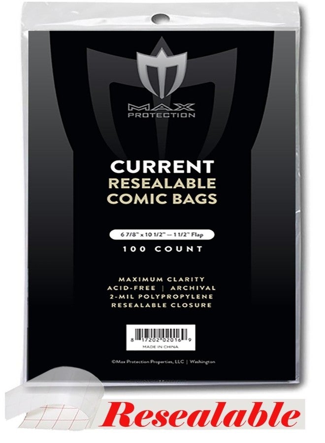 Max Protection Current Size Comic Book Bags 2 Mil - Resealable Archival Safe Design for Long-Term Storage - Crystal Clear Comic Book Protector 100 Pack - Image 1