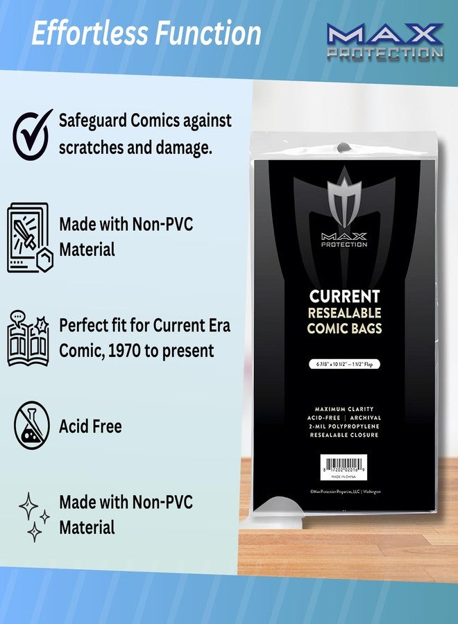 Max Protection Current Size Comic Book Bags 2 Mil - Resealable Archival Safe Design for Long-Term Storage - Crystal Clear Comic Book Protector 100 Pack - Image 2