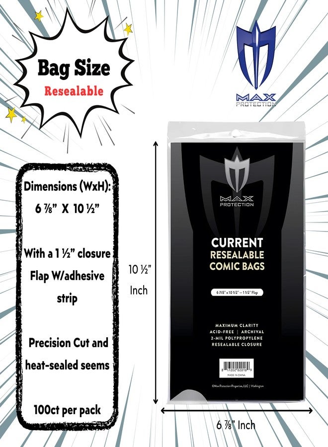 Max Protection Current Size Comic Book Bags 2 Mil - Resealable Archival Safe Design for Long-Term Storage - Crystal Clear Comic Book Protector 100 Pack - Image 3