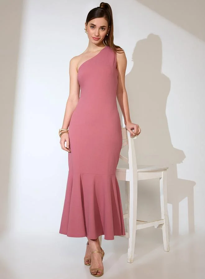Women Pink One Shoulder Flared Hem Maxi Dress
