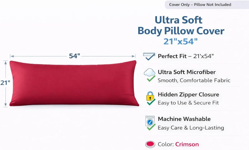 EVOLIVE Ultra Soft Microfiber Body Pillow Cover/Pillowcases 21"x54" with Hidden Zipper Closure (21"x54" Body Pillow Cover, Crimson) - Image 2