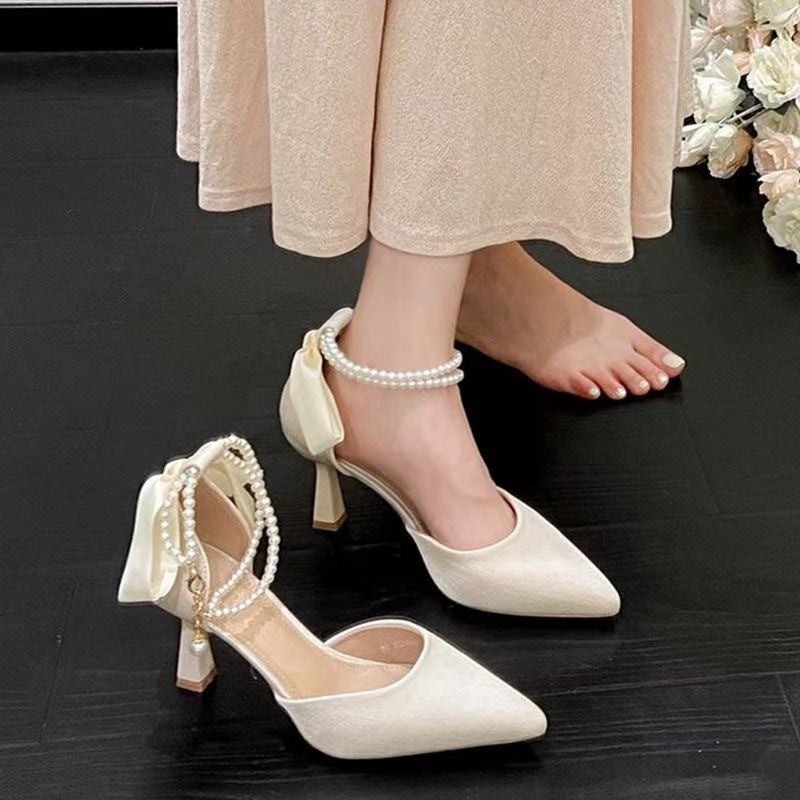 High Heels With Dress For Women, Spring Design Niche Hollow Pearl Stiletto Black Women'S Shoes - Image 5