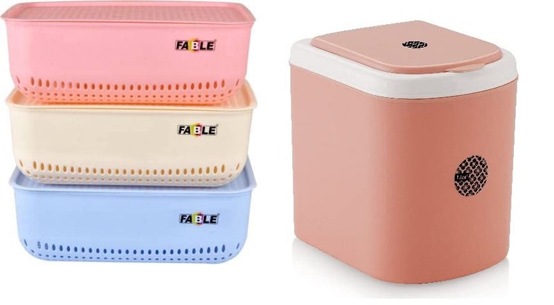 Nabhya Mini Waste Bin Disposal Dustbin for Car Office Desk and Home Use And 3Pc Croma Basket For Multi Use Pink Pack Of 4 - Image 1
