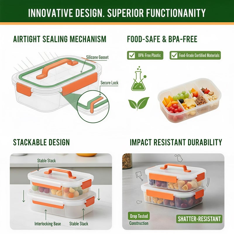 Li & Zhao Snackle Box Container - 4-Compartment Divided Snack Serving Tray with Silicone Handle, Perfect for Picnics, Leak-Proof, and Dishwasher-Safe Dressing Containers(Orange) - Image 3