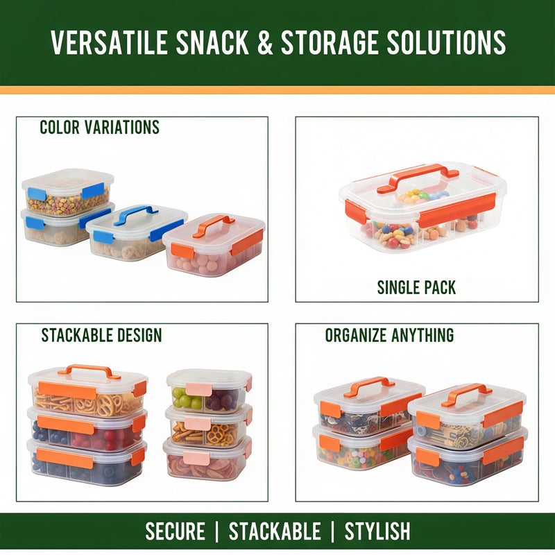 Li & Zhao Snackle Box Container - 4-Compartment Divided Snack Serving Tray with Silicone Handle, Perfect for Picnics, Leak-Proof, and Dishwasher-Safe Dressing Containers(Orange) - Image 4