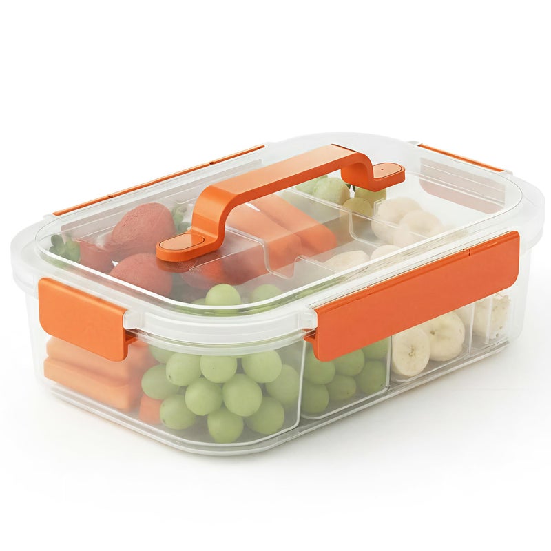 Li & Zhao Snackle Box Container - 4-Compartment Divided Snack Serving Tray with Silicone Handle, Perfect for Picnics, Leak-Proof, and Dishwasher-Safe Dressing Containers(Orange) - Image 1