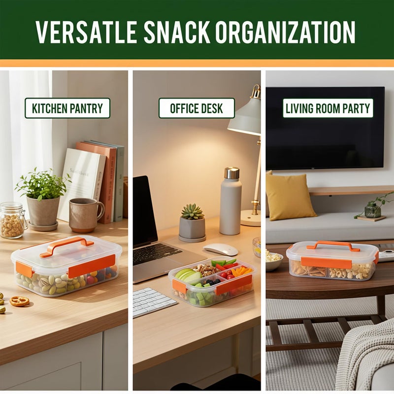 Li & Zhao Snackle Box Container - 4-Compartment Divided Snack Serving Tray with Silicone Handle, Perfect for Picnics, Leak-Proof, and Dishwasher-Safe Dressing Containers(Orange) - Image 2