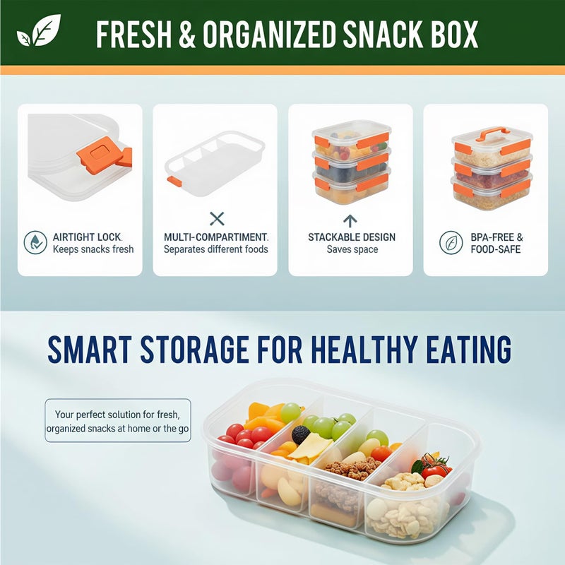 Li & Zhao Snackle Box Container - 4-Compartment Divided Snack Serving Tray with Silicone Handle, Perfect for Picnics, Leak-Proof, and Dishwasher-Safe Dressing Containers(Orange) - Image 5
