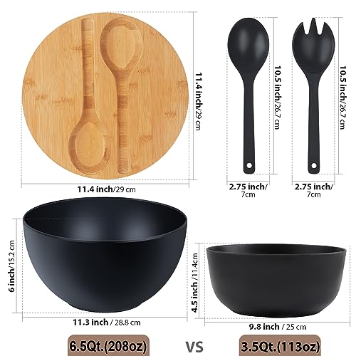 ECOHAGOU 11.3" Extra Large Salad Bowl with Wooden Lid & Servers, 208Oz, Oversized Bamboo Fiber Salad Serving Set with Utensils for Home/Kitchen, Big Lightweight Bowl for Mixing Salad,Fruit,Pasta - Matte Black - Image 4