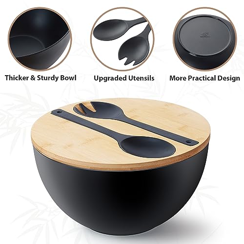 ECOHAGOU 11.3" Extra Large Salad Bowl with Wooden Lid & Servers, 208Oz, Oversized Bamboo Fiber Salad Serving Set with Utensils for Home/Kitchen, Big Lightweight Bowl for Mixing Salad,Fruit,Pasta - Matte Black - Image 2