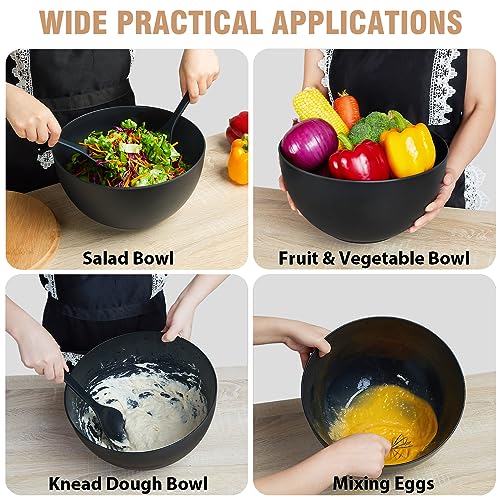 ECOHAGOU 11.3" Extra Large Salad Bowl with Wooden Lid & Servers, 208Oz, Oversized Bamboo Fiber Salad Serving Set with Utensils for Home/Kitchen, Big Lightweight Bowl for Mixing Salad,Fruit,Pasta - Matte Black - Image 3