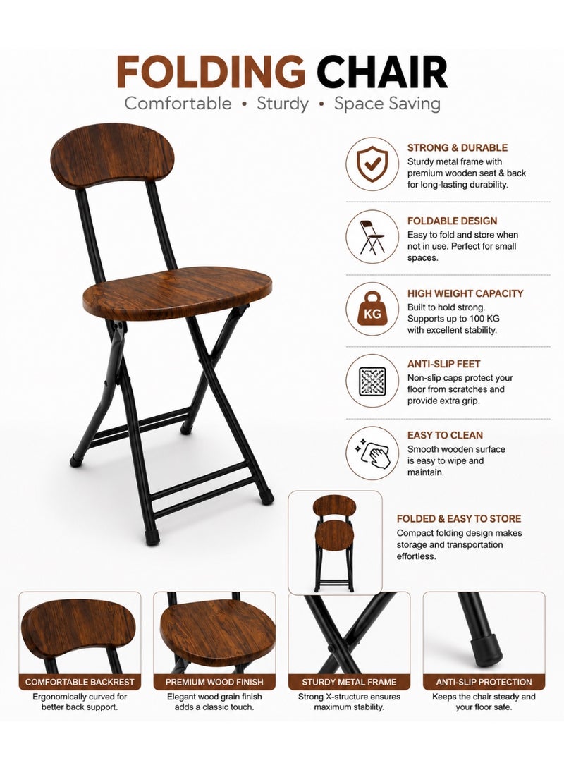 Wooden Folding Chair with Black Metal X-Frame, Ergonomic Backrest, Natural Wood Grain Finish, Space Saving - Image 2