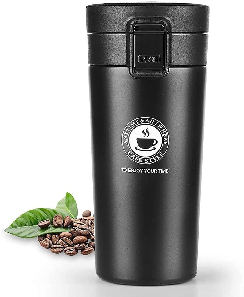HRDR Stainless Steel Flask Mug Water Beverage Cup Tumbler Vacumm Insulated Travel Tea and Coffee Mug Insulated Thermos Flask for Hot Cold Drinks with Lid for Travel Black - Image 1