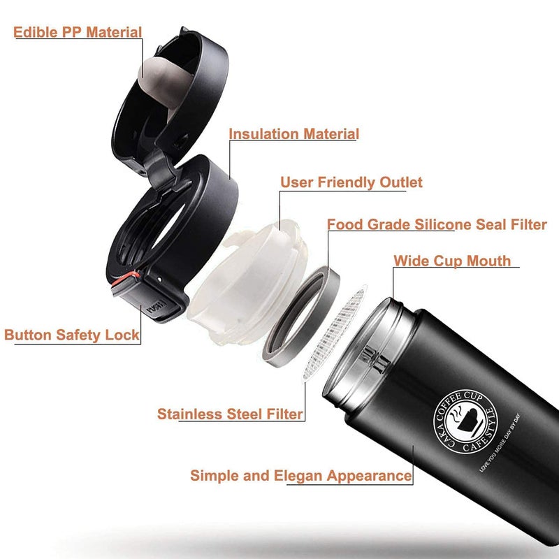 HRDR Stainless Steel Flask Mug Water Beverage Cup Tumbler Vacumm Insulated Travel Tea and Coffee Mug Insulated Thermos Flask for Hot Cold Drinks with Lid for Travel Black - Image 2