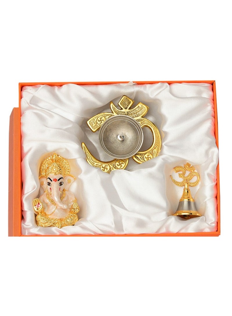 خشبو جويلز تمثال غانيشا مطلي بذهب عيار 24 قيراطًا مع جرس أوم ومصباح أوم