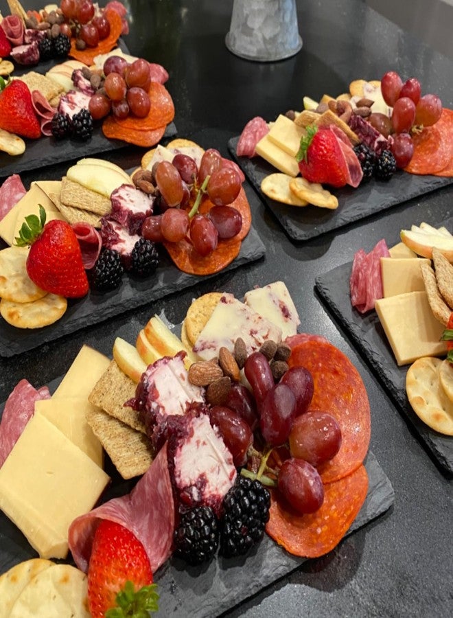 MOUYAT 4 Pack 12x10 Inch Black Slate Plates, Rectangle Slate Cheese Board with Natural Edge, Natural Stone Plates Cutting Board Charcuterie Boards for Cheese, Sushi, Meat, Appetizers - Image 5