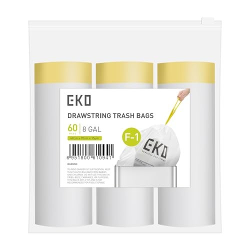 EKO 8 Gallon 303 Liter 60 Count Drawstring Trash Bags ExtraStrong Unscented Garbage Bags EasyDispense Roll for Kitchen Household Use Resists Tears Leaks and Punctures Code F1 White - Image 1