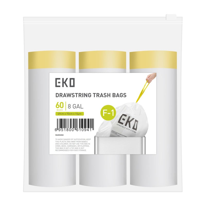 EKO 8 Gallon 303 Liter 60 Count Drawstring Trash Bags ExtraStrong Unscented Garbage Bags EasyDispense Roll for Kitchen Household Use Resists Tears Leaks and Punctures Code F1 White - Image 2