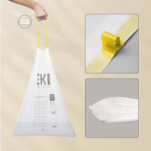 EKO 8 Gallon 303 Liter 60 Count Drawstring Trash Bags ExtraStrong Unscented Garbage Bags EasyDispense Roll for Kitchen Household Use Resists Tears Leaks and Punctures Code F1 White - Image 3