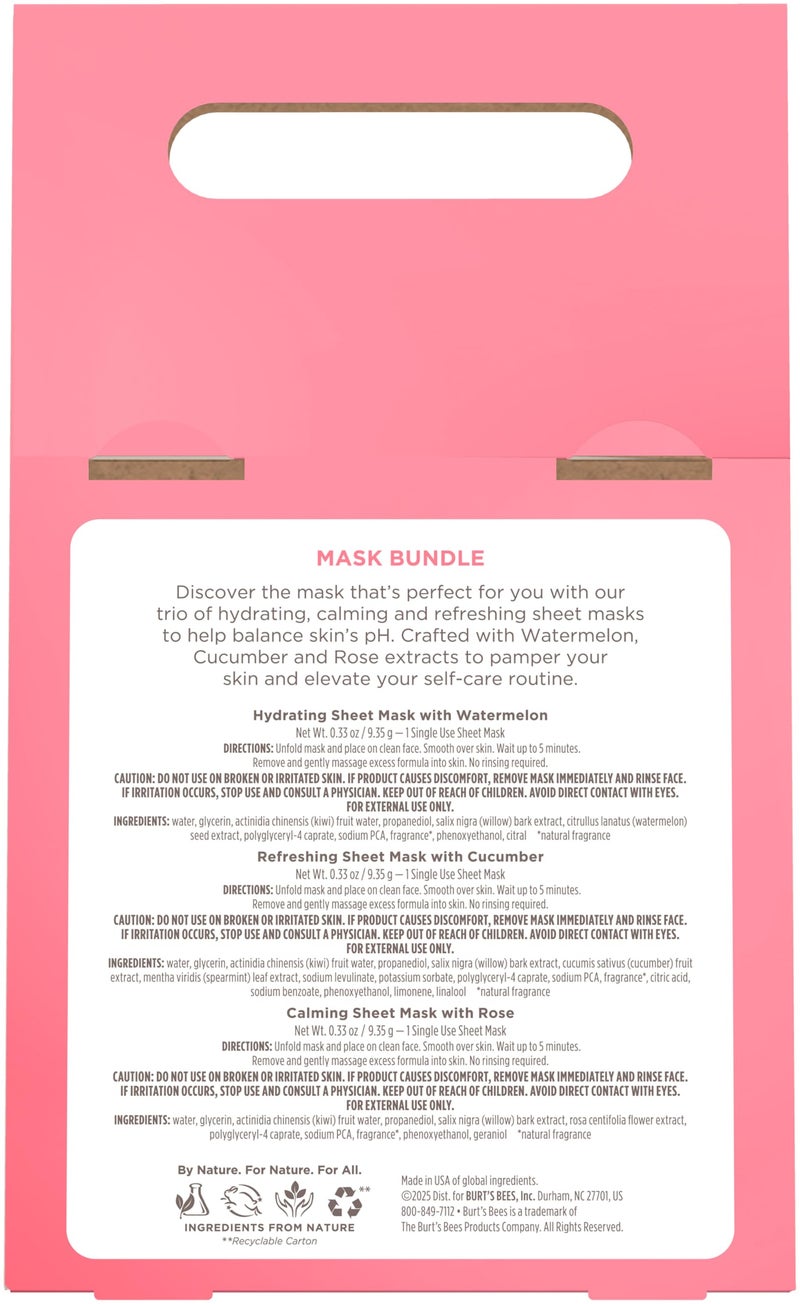 Burt's Bees مجموعة أقنعة الوجه من بيرتس بيز، مرطب بالبطيخ، مهدئ بالورد، ومنعش بالخيار، أقنعة وجه للاستخدام الفردي للعناية بالبشرة، 99% من أصل طبيعي، 3 قطع، 0.33 أونصة لكل منها - Image 5