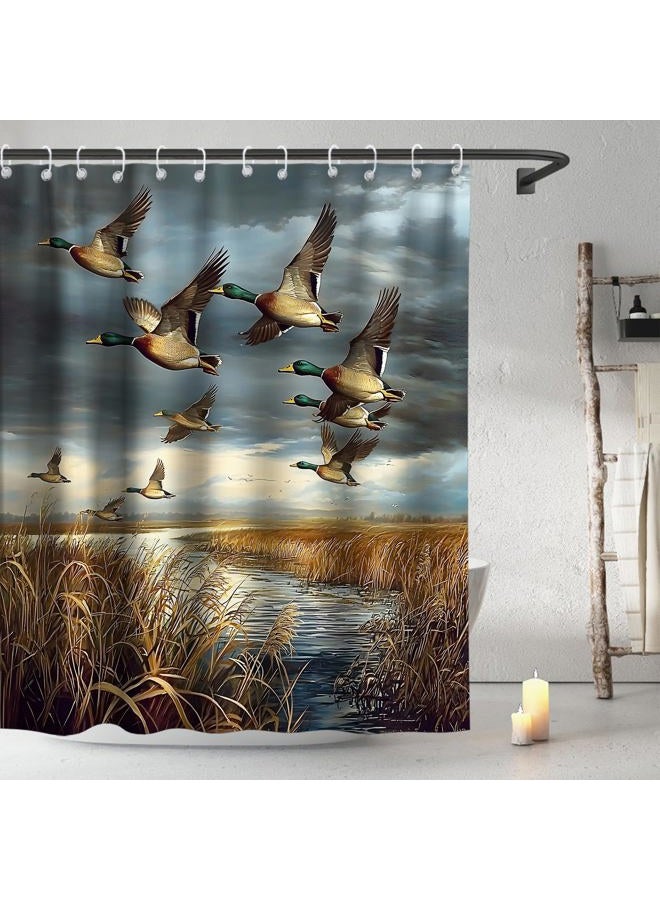 Final Friday Rustic Shower Curtains Wild Ducks Hunting Flying Theme Cloth Fabric Bathroom Decor Sets with Hooks Waterproof Washable 72 x 72 inches Brown and Teal - Image 2
