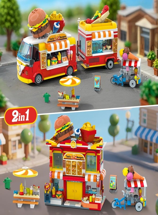 HOGOKIDS City Burger Truck House Building Toy - 2 in 1 Burger Van and Restaurant Building Blocks Set Mobile Ice Cream Food Cart Tables Chairs Restaurant Playset Great Gift for Kids Boys Girls(826PCS) - Image 2
