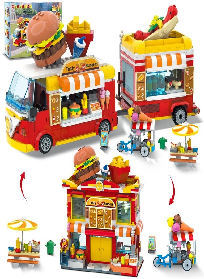 HOGOKIDS City Burger Truck House Building Toy - 2 in 1 Burger Van and Restaurant Building Blocks Set Mobile Ice Cream Food Cart Tables Chairs Restaurant Playset Great Gift for Kids Boys Girls(826PCS) - Image 1