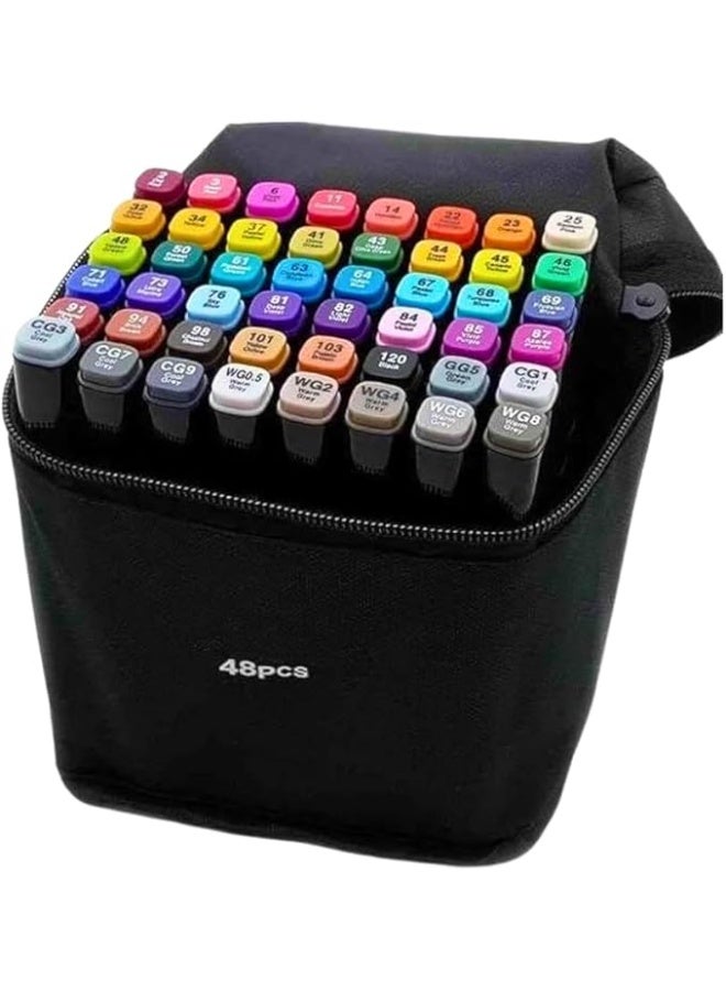 Generic Dual Tip Colored Marker Pen Set with Fine Point and Chisel Tips for Coloring, Art, Drawing, Calligraphy, Anime Drawing, Includes Carrying Bag for Artists, Students, and Hobbyists (48) - Image 1