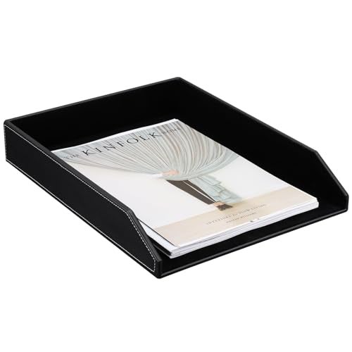 KINGFOM Letter Tray, PU Leather Paper Organizer Tray for Desk, Paper Organizer Storage Holder for Office Home or School A4 Size Black - Image 2