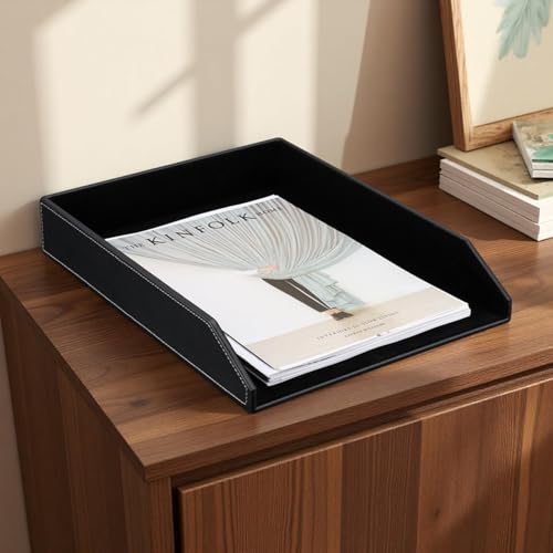 KINGFOM Letter Tray, PU Leather Paper Organizer Tray for Desk, Paper Organizer Storage Holder for Office Home or School A4 Size Black - Image 3