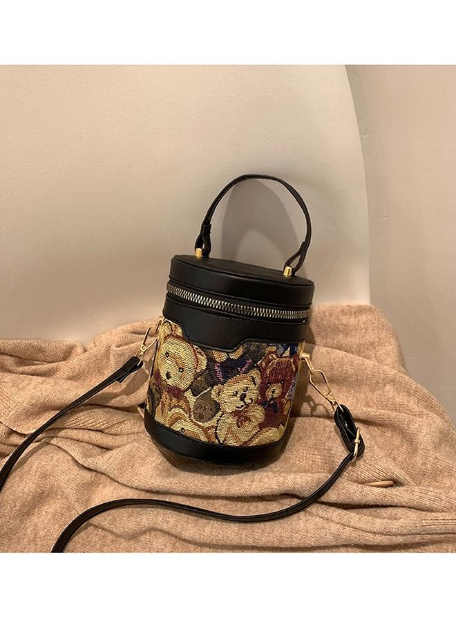 Cute Bear Printed Ladies Zipper Round Bucket Handbag Cross Body Shoulder Bag for Women 12 x 14.5 x 11cm - Image 3