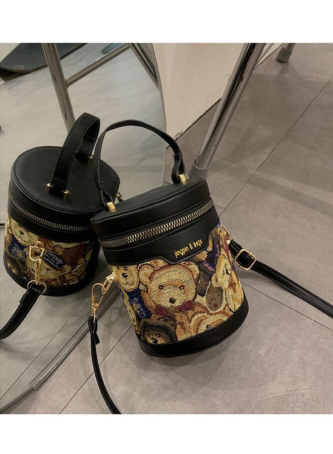 Cute Bear Printed Ladies Zipper Round Bucket Handbag Cross Body Shoulder Bag for Women 12 x 14.5 x 11cm - Image 5