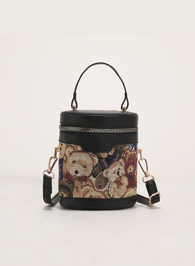 Cute Bear Printed Ladies Zipper Round Bucket Handbag Cross Body Shoulder Bag for Women 12 x 14.5 x 11cm - Image 1
