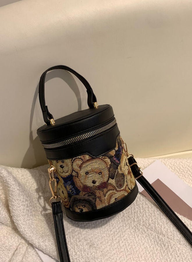 Cute Bear Printed Ladies Zipper Round Bucket Handbag Cross Body Shoulder Bag for Women 12 x 14.5 x 11cm - Image 4